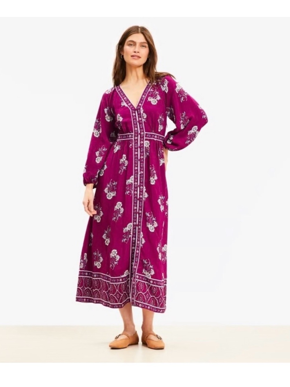 LOFT Magenta Floral V-Neck Long Sleeve Maxi Dress